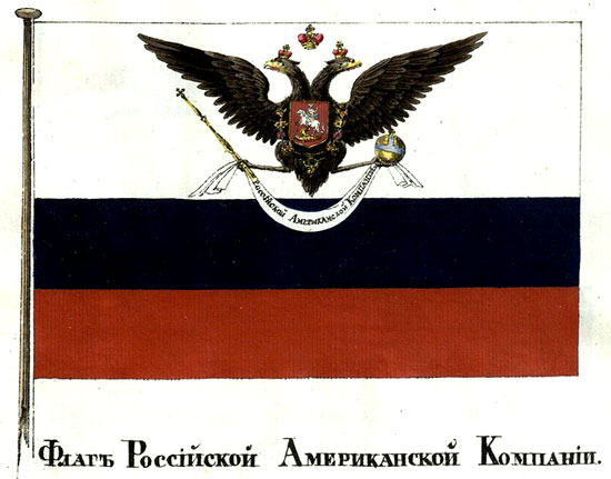 Так, в 1806 р   Імператор Олександр I   власноруч затвердив біло-синьо-червоний прапор   Російсько-Американської компанії   з чорним двоголовим орлом на білій смузі