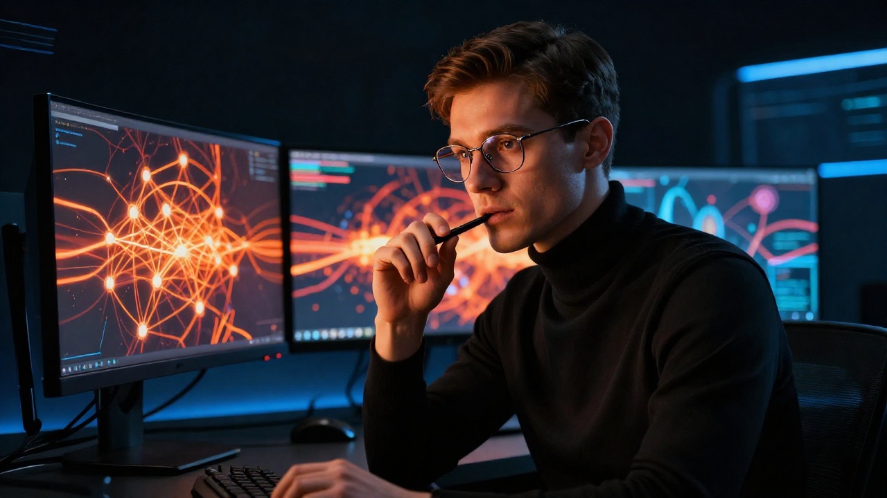 Молодой специалист в очках анализирует поставщиков энергии TRON через API на двойных мониторах в темной высокотехнологичной комнате