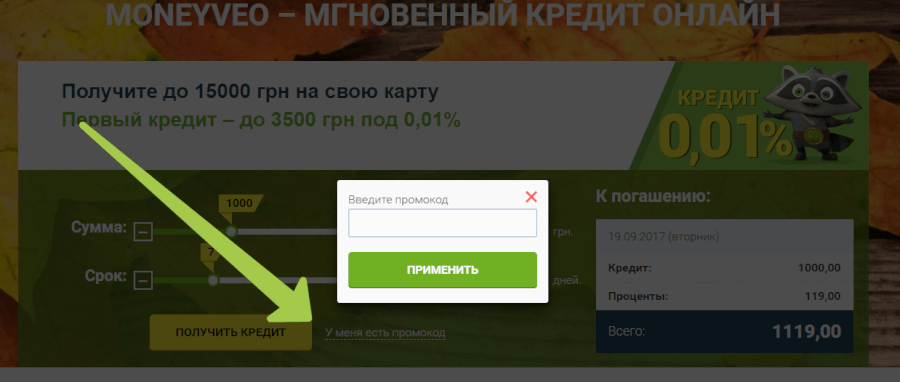 Щоб отримати знижку по промокодом, скопіюйте його з сайту Picodi і вкажіть у віконці під час подачі заявки на оформлення кредиту