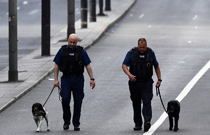 Шестеро людей загинули і майже 50 отримали поранення в результаті нападу терористів в центрі британської столиці   Поліцейські з собаками працюють на Лондонському мосту після атаки   Фото: Reuters   Москва
