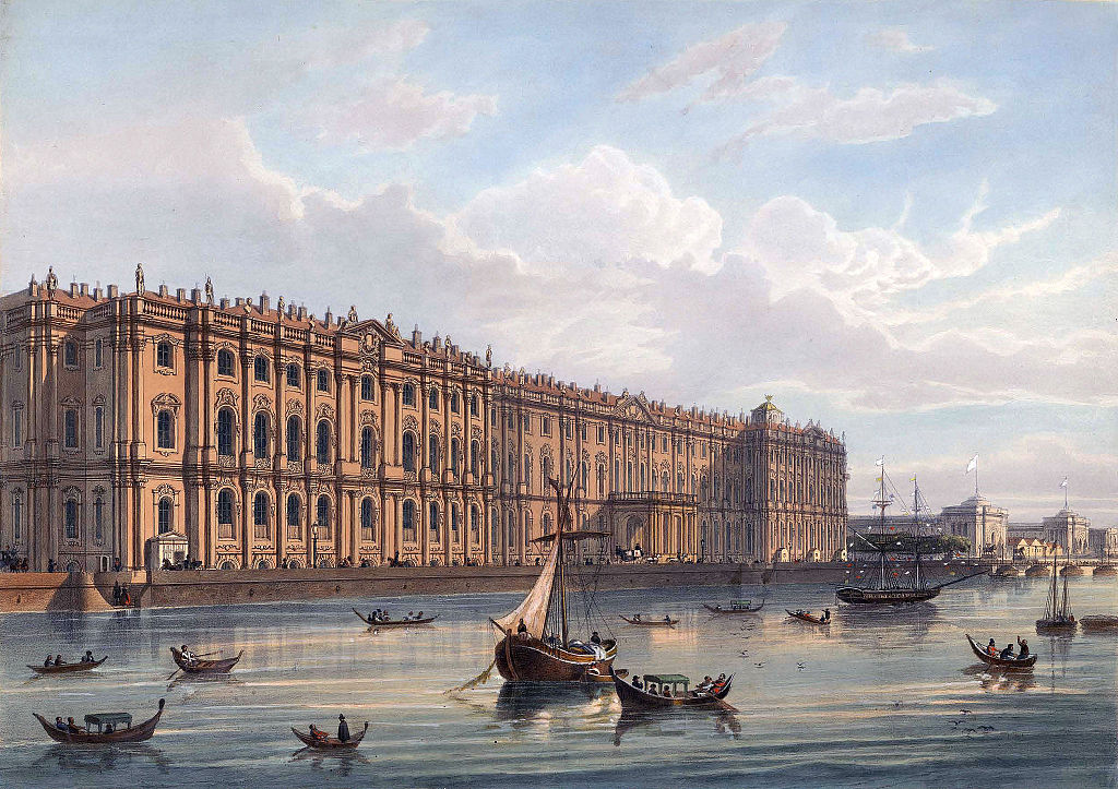 Спочатку забарвлення палацу мала жовті відтінки, як у Версаля і Шенбрунна