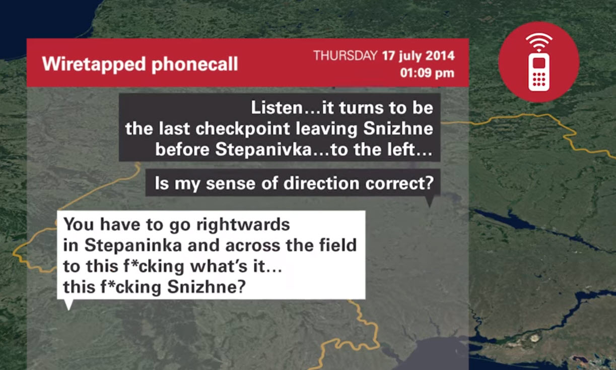 згідно   перехопленнями телефонних переговорів   , Опублікованими ССД, приблизно о 13:00 в той день бойовик «ДНР», що знаходився поруч з «буком», запросив подальших вказівок, куди везти «Бук», і отримав явний наказ відвезти його за Сніжне