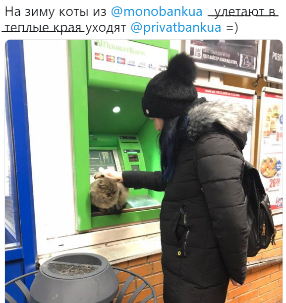 Користувач Kalmykoff виклав в Twitter фотографію банкомату ПриватБанку, на якому відпочиває кіт і підписали: На зиму коти з @monobankua ̶ ̶̶̶у̶̶̶л̶̶̶е̶̶̶т̶̶̶а̶̶̶ю̶̶̶т̶̶̶ ̶̶̶в̶̶̶ ̶̶̶т̶̶̶е̶̶̶п̶̶̶л̶̶̶и̶̶̶е̶̶̶ ̶̶̶к̶̶̶р̶̶̶а̶̶̶я̶̶̶ йдуть @privatbankua