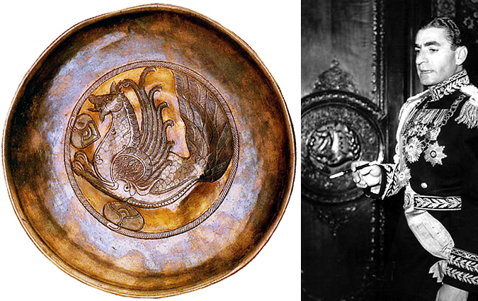 Нижче: зліва - срібне сасанидское блюдо з Сенмурв з колекції Ермітажу;  праворуч - шахиншах Ірану в Мармуровому палаці в день свого другого одруження, 12 лютого 1951 роки (автор фото невідомий)