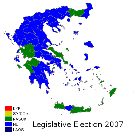 Комуністична партія Греції найкращі свої результати отримує на околиці країни, на островах Іонічного (Лефкас, Кефалонія і Закінф) і Егейського моря