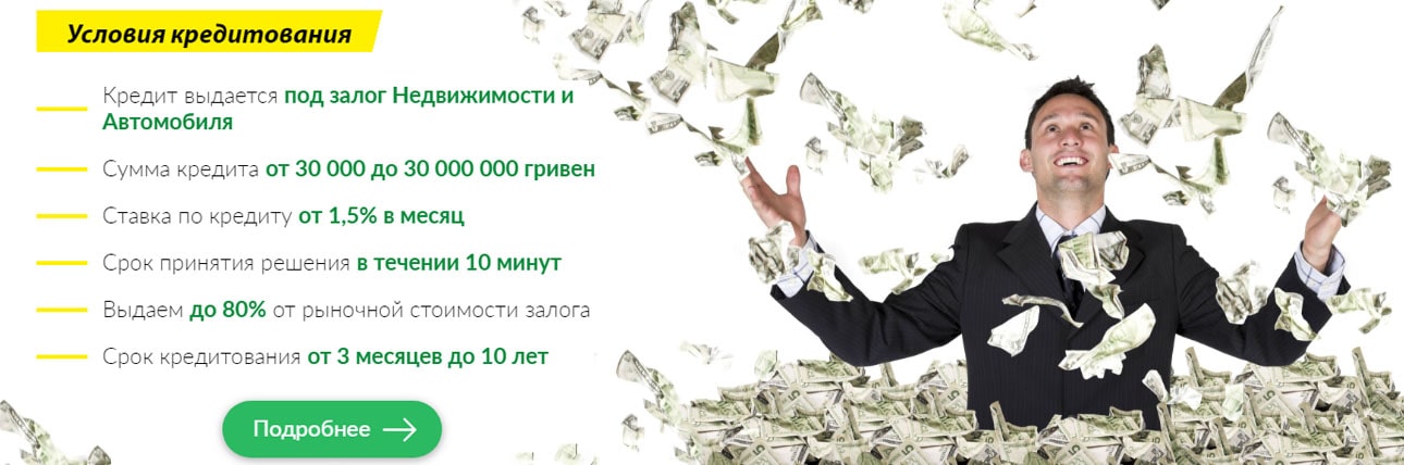 Максимальний термін кредитування: до 10-ти років   Відсоток від ринкової вартості застави: до 80%   Вік позичальника: від 18 до 100 років