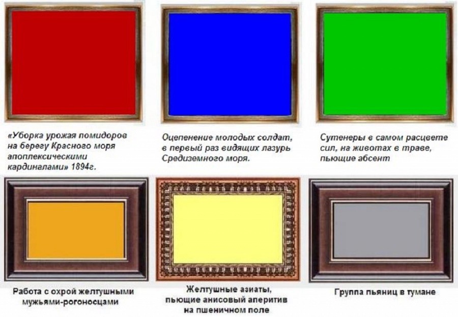 А за нею виник «колористичний вибух» і інші кольорові прямокутники з роз'яснювальними записами для тих, хто не вміє правильно розуміти або читати подібні картини з посмішкою: