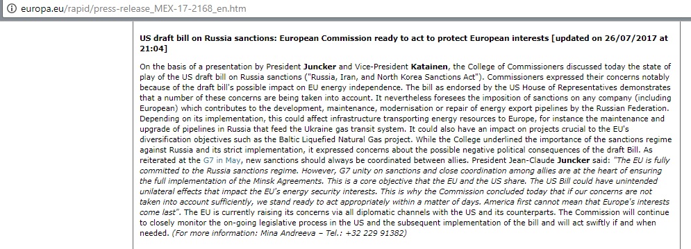 Подібний захід безпосередньо стосується європейських компаній, які співпрацюють з російським проектом Північний потік-2