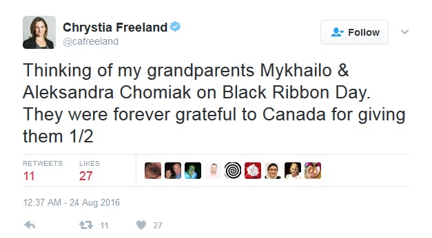 чорної стрічки (відзначається в Канаді в річницю пакту про ненапад між СРСР і Німеччиною 23 серпня 1939 року) вона розмістила в «Твіттері» черговий панегірик своїм предкам:
