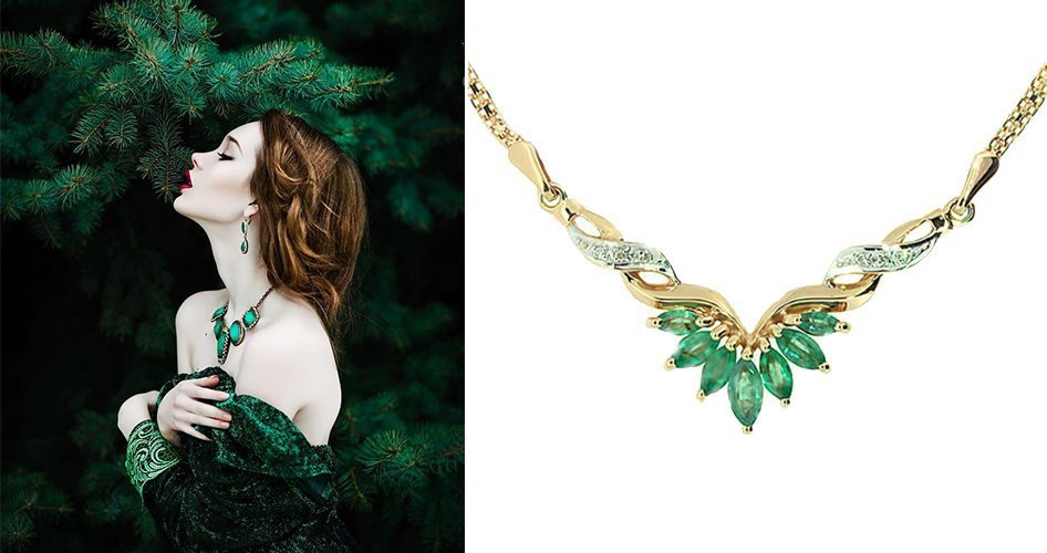 Золоте кольє зі смарагдами і діамантами