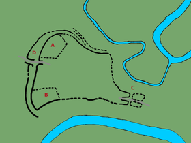 план Тршісовского оппіда: A - північний акрополь з святілещем, B - південний акрополь, C - східні ворота з висунутими бастіонами, D - подвійні західні ворота, де знаходилося джерело води, Фото: Gortyna, CC BY-SA 4