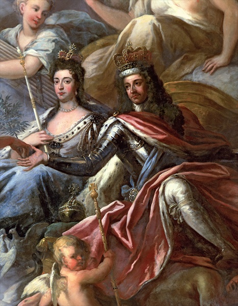 Ceiling of the Painted Hall, detail of King William III   Engraving of King William III and his wife Queen Mary who shared the English monarchy in the late 17th century