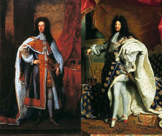 Starting left: portrait of William III (1650-1702) by Sir Godfrey Kneller;  portrait of Louis XIV (1638-1715) by Hyacinthe Rigaud