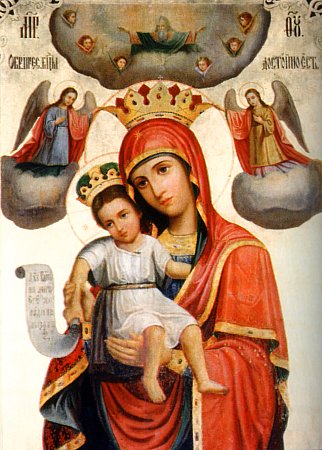 Ікона Божої Матері «Достойно є» знаходиться на горнем місці вівтаря соборного храму Карейський обителі на Афоні