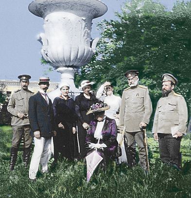 From left: Vassili Dolgurukov, Pierre Gilliard, Countess Anastasia Hendrikova, Baroness Sophie Buxhoeveden, Countess Benckendorff (seated), Count Benckendorff, unknown;  photo taken July 31, 1917