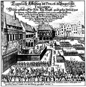 Страта 1621-го року на празької Староміської площі   Розгром чеських протестантських військ під Білою горою недалеко від Праги в листопаді 1620-го року з військової точки зору представляв лише незначну сутичку