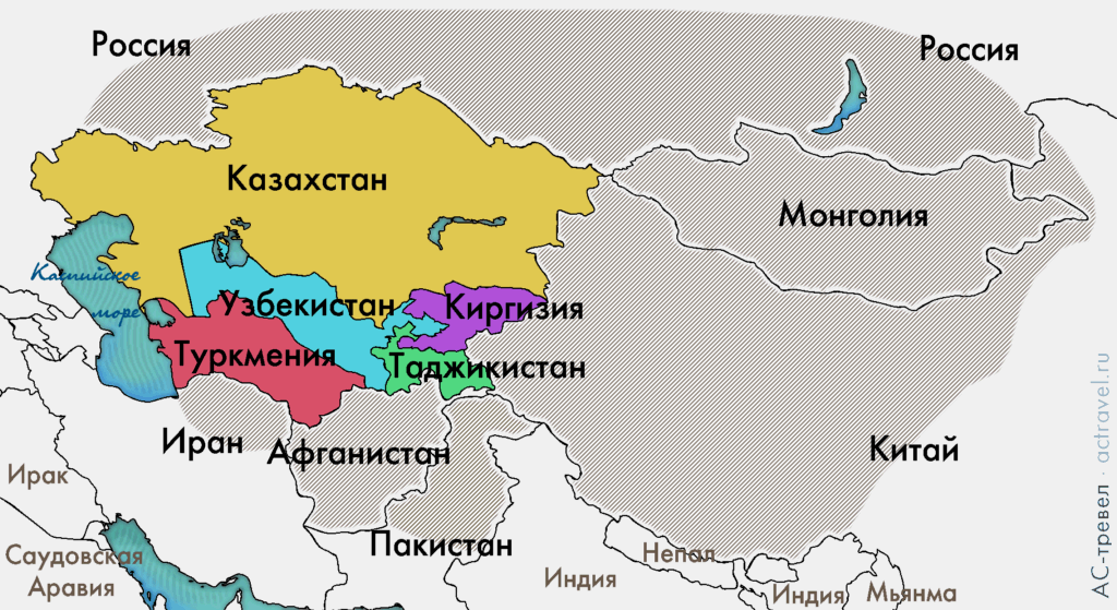Центральна Азія практично при люих критерії визначення меж включає в себе середньоазіатські республіки   колишнього Радянського Союзу   і Казахстан, а крім того, в неї можуть включатися частково або повністю оточують їх країни