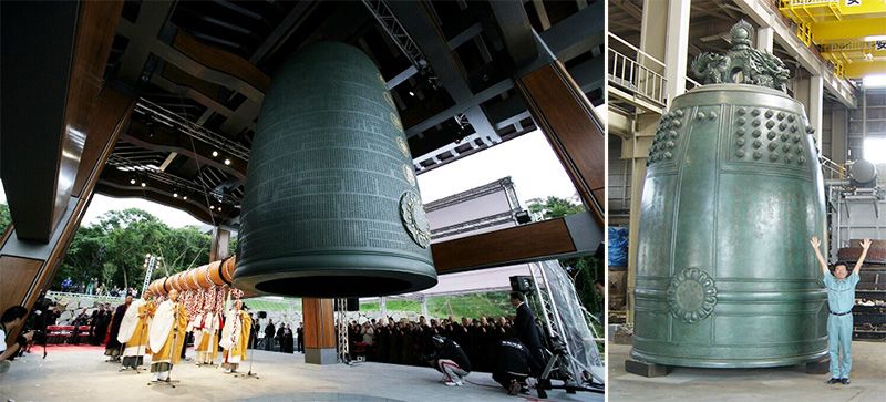 25-тонний дзвін у храмі на Тайвані (зліва), 48-тонний дзвін для храму в місті Като преф