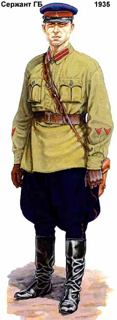Наказом НКВС № 396 від 27 грудня 1935 року була встановлена ​​нова форма одягу і знаки відмінності (тепер вже не за посадами, а за званням):   - синя кашкет з краповим околишем і кантом малинового кольору,   - сорочка кольору хакі, комір і рукави якої обшиваються кантом - кольору срібла від сержанта ГБ до капітана включно і кольору золота від майора ГБ і вище;   - темно-сині бриджі з кантом   малинового кольору