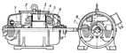 Схема роботи машини постійного струму: N, S - полюси постійного магніту;  I - струм в навантаженні;  1 - щітки;  2 - пластина колектора;  3 - виток проводу на якорі машини;  4 - навантаження