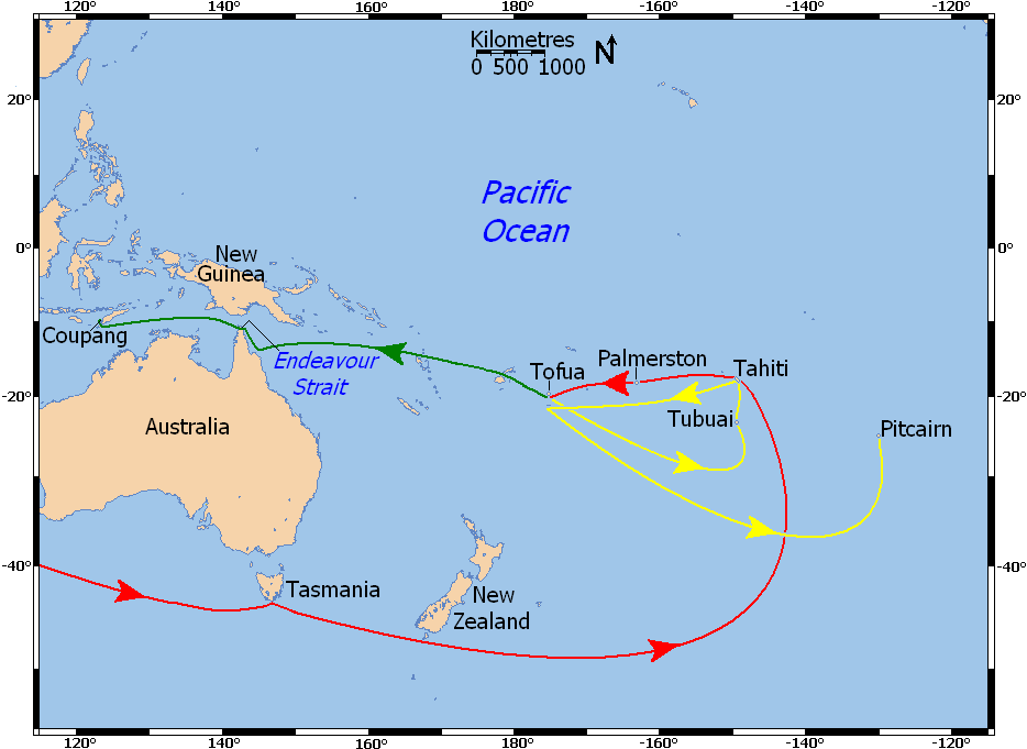 © wiki;  Маршрут експедиції Баунті під командуванням Блая;  Шлях Блая на шлюпці на Тимор;  Маршрут заколотників по Океанії і заснування колонії;
