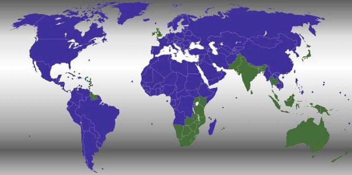 Всі країни, в яких прийнято лівосторонній рух, відзначені на карті нижче зеленим кольором